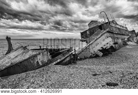 Wreck of Amadeo steamship build in 19th century in United Kingdom is since 1932 beached near Estancia San Gregorio, Chile. Black and white