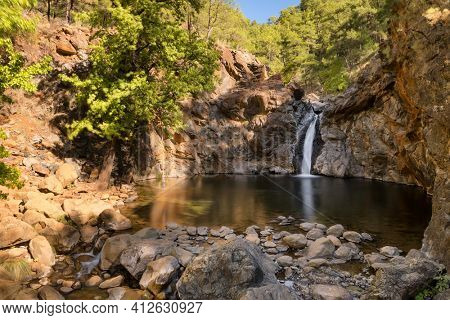 Selale Waterfall and small lagoon in Turkey. Beautiful lanscape with small waterfall in mountains