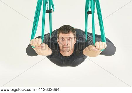 Male Person Do Hammock Yoga Class Exercise. Meditation In Air Calm. Aero Beginner Studio Workout. Ma