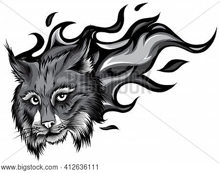 Monochromatic Lynx Animal Face. Vector Eurasian Lynx Cat Head Portrait.