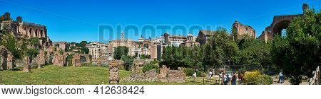 May 17, 2017 - Rome, Italy: Large Horizontal Panorama With View Of The Roman Forum Showcasing The Ta