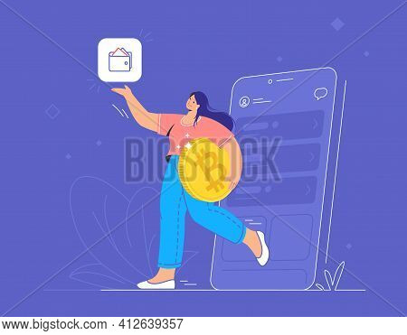 Young Woman Holding A Big Golden Bitcoin And Pointing To Mobile Crypto Wallet App. Flat Modern Conce
