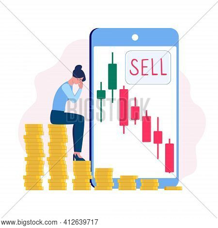 Falling Stock Prices And Fixing A Loss, Selling. The Girl Is Crying Over Financial Losses. Vector In
