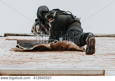 Two Commandos Train At The Base. Climbers. Swat, Police, Counterterrorism Concept. Mixed Media