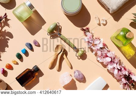 Gua Sha, Face Massage Jade Roller Made Of Natural Stone And Home Spa And Beauty Set
