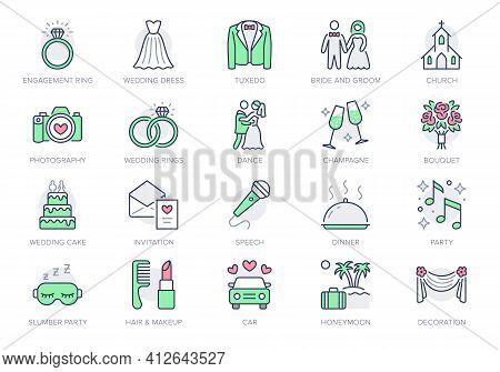 Wedding Timeline Line Icons. Vector Illustration Include Icon - Bouquet, Ring, Bouquet, Tuxedo, Groo
