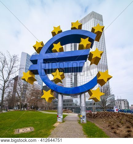 Giant Euro Symbol At Willy Brandt Square In Frankfurt - Frankfurt, Germany - March 11, 2021