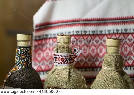 Few Bottles Of Traditional Ukrainian Alcohol Drink Vodka - Horilka Or Gorilka. High Quality Photo