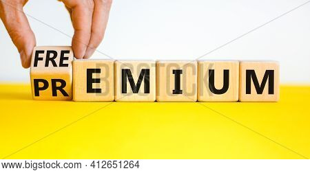 Premium Or Freemium Symbol. Businessman Turns The Wooden Cube, Changes The Word 'premium' To 'freemi