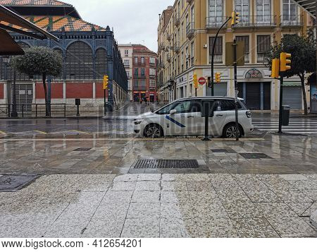 Málaga, Spain - February 21, 2021: View Of Streets Of Soho Málaga In A Rainy Day