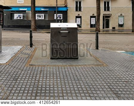 Málaga, Spain - February 22, 2021: View Of Trash Cans Os Streets Of Soho In Málaga;