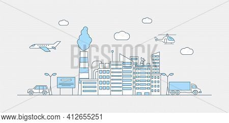 Modern City Landscape Vector Flat Line Illustration. Buildings, Car, Truck, Plane, Helicopter Icons 