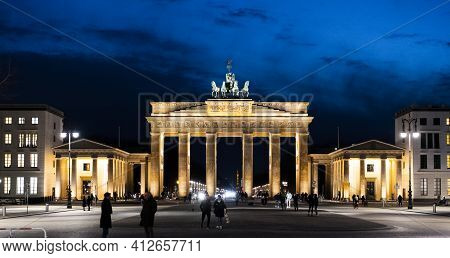 Famous Brandenburg Gate In Berlin At Night - Berlin, Germany - March 11, 2021
