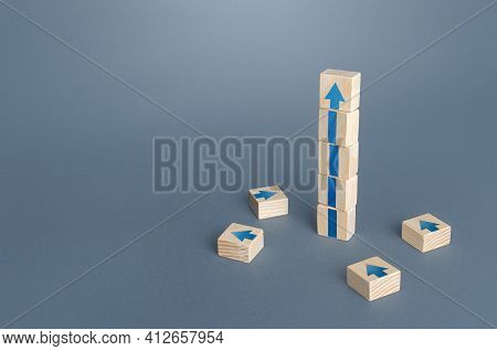 Block Tower With Arrows. Growth, Development Progress Concept. Achieve Success. Career Promotion. St
