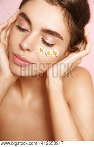 Beauty Face. Smiling Woman Touching Healthy Skin Portrait. Beautiful Happy Girl With Fresh Glowing H