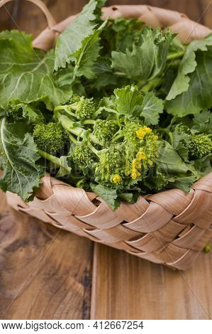 Raw Organic Turnip Greens Ready To Eat On A Brown Wooden Background . Basket With Fresh Green Vegeta