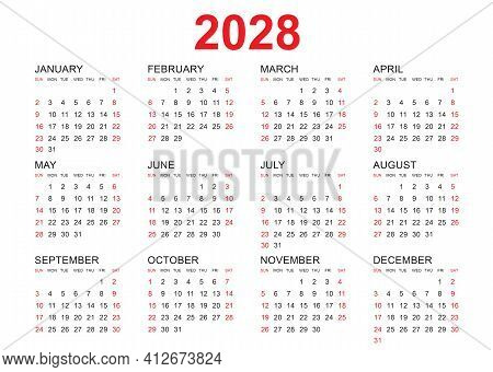 Calendar 2028 Vector & Photo (Free Trial) | Bigstock