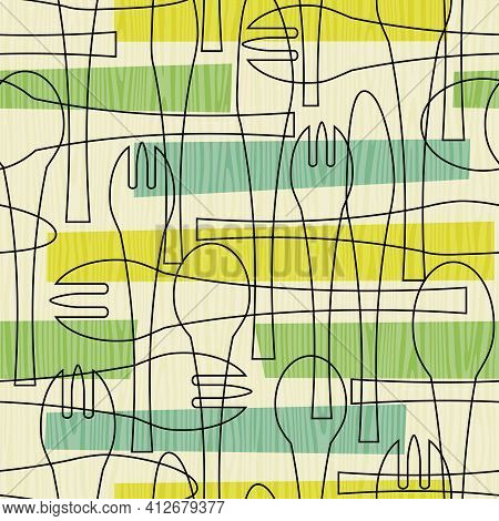 Seamless Pattern Of Forks, Spoons And Knives. Retro Mid Century Style Design With Tableware Theme. F