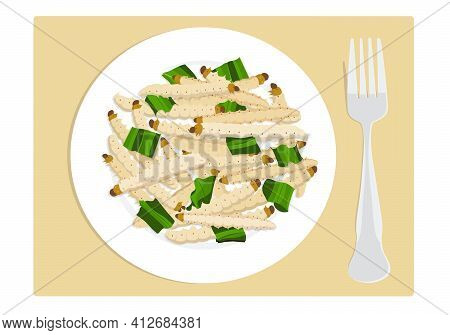 Food Insects: Bamboo Worm Or Bamboo Caterpillar Insect Deep-fried Crispy For Eating As Food Items On