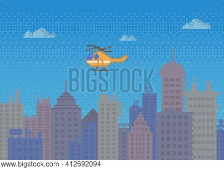 Red Pixel Helicopter In Blue Sky Over Buildings. High Speed Vehicle In Pixel-game On City Background