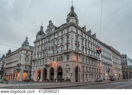 Vienna, Austria - Feb 7, 2020: Street View Of Neo-classical Building Near City Hall In Winter Mornin