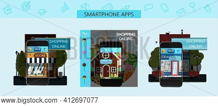 A Set Of Pages For Mobile App Stores. Vector Cartoon Illustration. Ads For An Online Candy Store, To