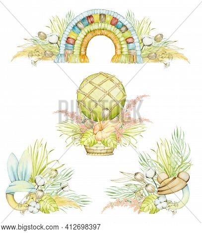 Watercolor Concepts, On An Isolated Background, In Boho Style. Balloon, Rainbow-macrame, Children's 