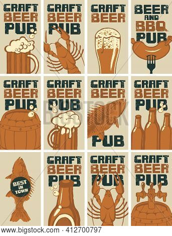 Set Of Business Cards For The Beer Pub. Banners On The Theme Of Craft Beer And Snacks From Seafood W