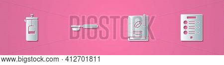 Set Paper Cut French Press, Coffee Filter Holder, Book And Menu Icon. Paper Art Style. Vector