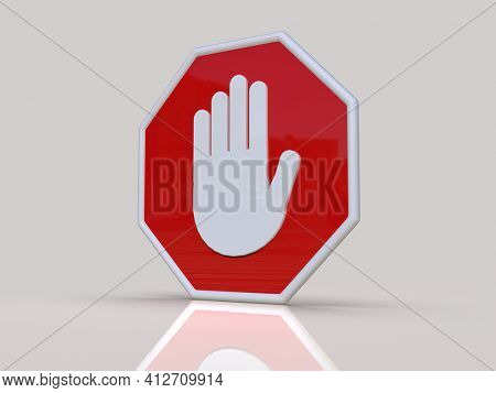 3d render STOP! You are Not Allowed Here, Red Octagonal Stop Roadsign with Big Hand Symbol for Prohibited Activities, Traffic Stop Blocking Sign, Prohibition Icon, No Entry Signal, Red Warning
