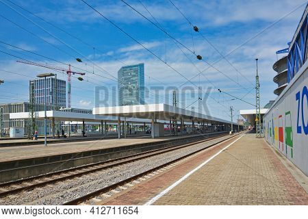 Mannheim, Germany - August 2019: Tracks And Platforms Of Mannheim Main Train Station On Sunny Day Wi