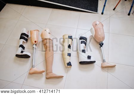 Six Prosthetic Leg At Prosthetist Clinic. Health Care.