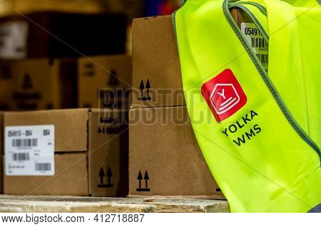 Moscow, Russia - December 16, 2020 Yolka Wms Badge On Yellow Signal Vest Close Up View. Yolka Wareho