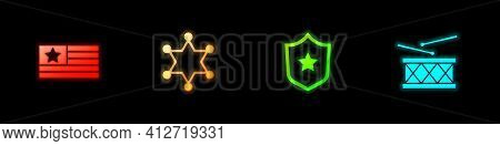 Set American Flag, Hexagram Sheriff, Police Badge And Drum And Drum Sticks Icon. Vector
