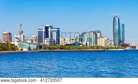 Baky Skyline View From Baku Boulevard Or The Caspian Sea Embankment. Baku Is The Capital And Largest