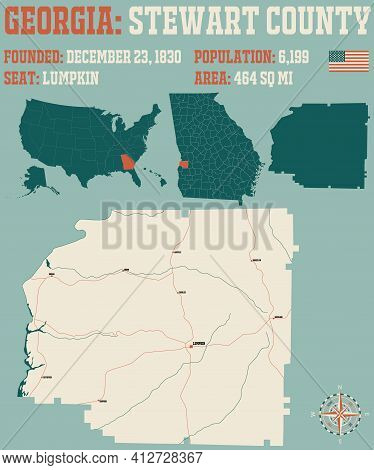 Large And Detailed Map Of Stewart County In Georgia, Usa.