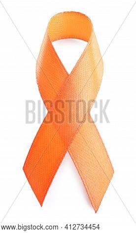 Orange Ribbon Isolated On White, Top View. World Cancer Day