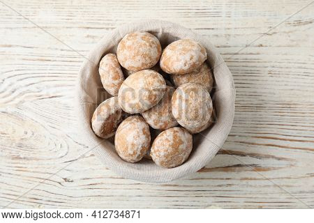 Tasty Homemade Gingerbread Cookies On White Wooden Table, Top View