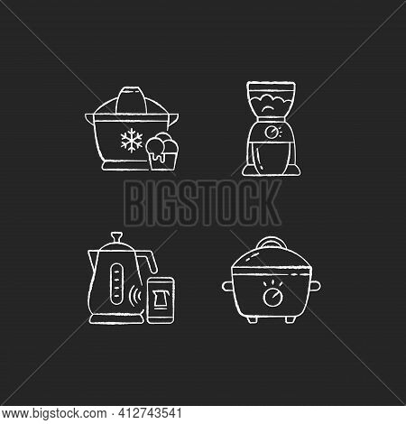 Electric Appliances Chalk White Icons Set On Black Background. Home Coffee Grinder. Slow Cooker. Cro