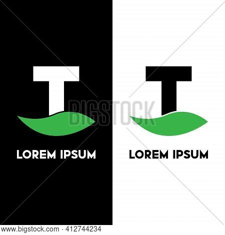 Alphabet T With Green Leaf, A Unique Brand Identity. Complete Set Of Alphabets.