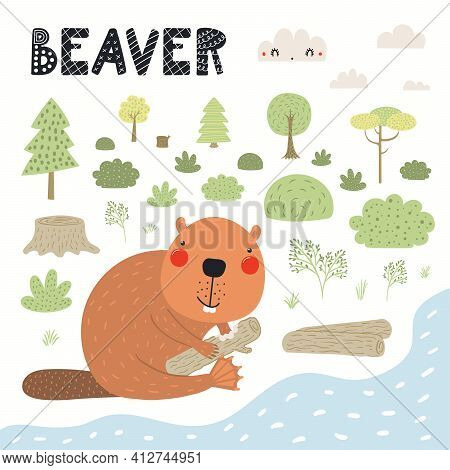 Cute Funny Beaver In Forest, Woodland Landscape, Isolated On White. Hand Drawn Wild Animal Vector Il