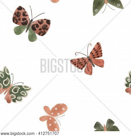 Beautiful Vector Seamless Pattern With Cute Watercolor Butterflies. Stock Illustration.