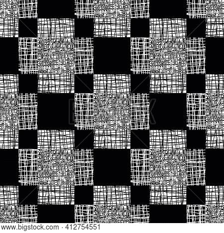 Irregular Vector Gauze Weave Effect Cross Seamless Pattern Background. Backdrop Of Monochrome Coarse