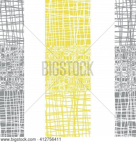 Irregular Vector Gauze Weave Effect Striped Seamless Pattern Background. Backdrop Of Alternating Yel