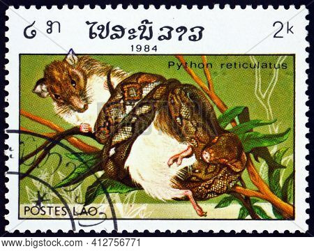 Laos - Circa 1984: A Stamp Printed In Laos Shows Reticulated Python, Python Reticulatus, Is A Specie