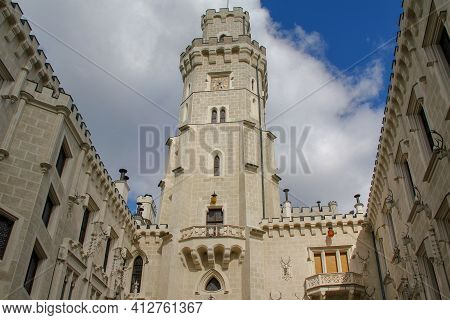 Hluboka Nad Vlavou Castle, Czech - April 25, 2012: This Is A View Of The Main Tower Of The Castle Fr