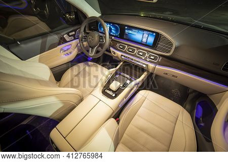 Moscow, Russia - December 24, 2019: Empty Interior Of Light Leather Interior Of Premium Suv Mercedes