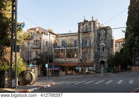 Jerusalem, Israel, February 27, 2021 : Evening View Of The Building Of The Czech Embassy In The Old 