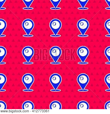 Blue Map Pointer With Billiard Pool Snooker Ball With Number 8 Icon Isolated Seamless Pattern On Red
