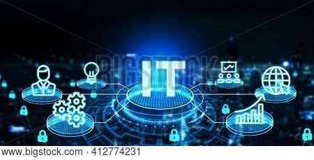 It Consultant Presenting Tag Cloud About Information Technology. 3d Illustration
